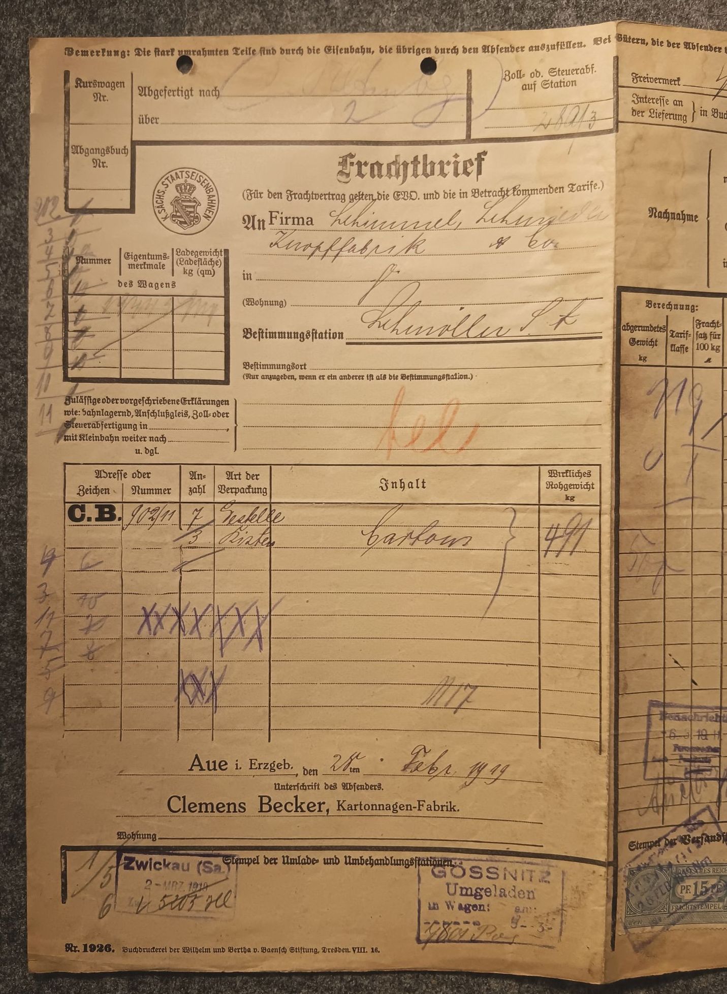 Aue im Erzgebirge nach Schmölln 1919 Frachtbrief mit Marke