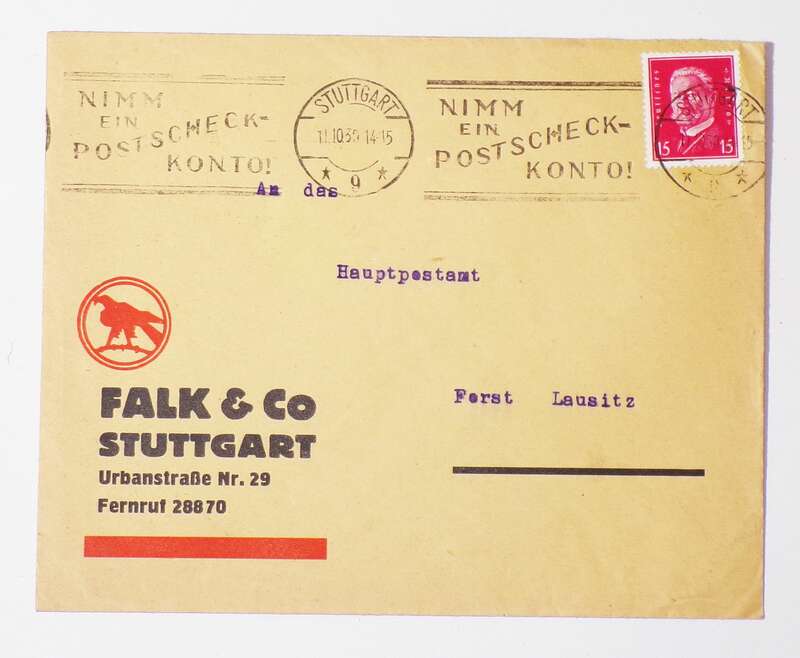 Firmen Brief 1930 Falk u Co Stuttgart nach Forst Lausitz