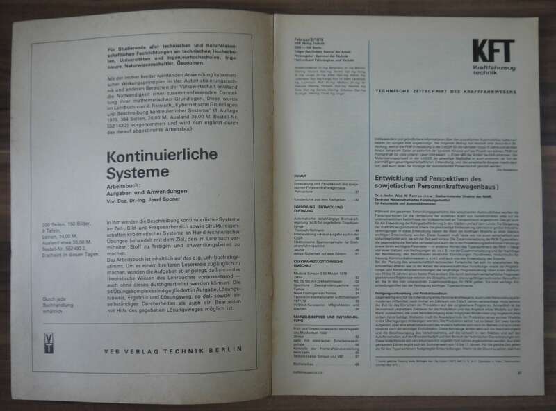 Perspektiven im sowjetischen PKW Bau Februar 1978 KFT Zeitschrift DDR Simson MZ