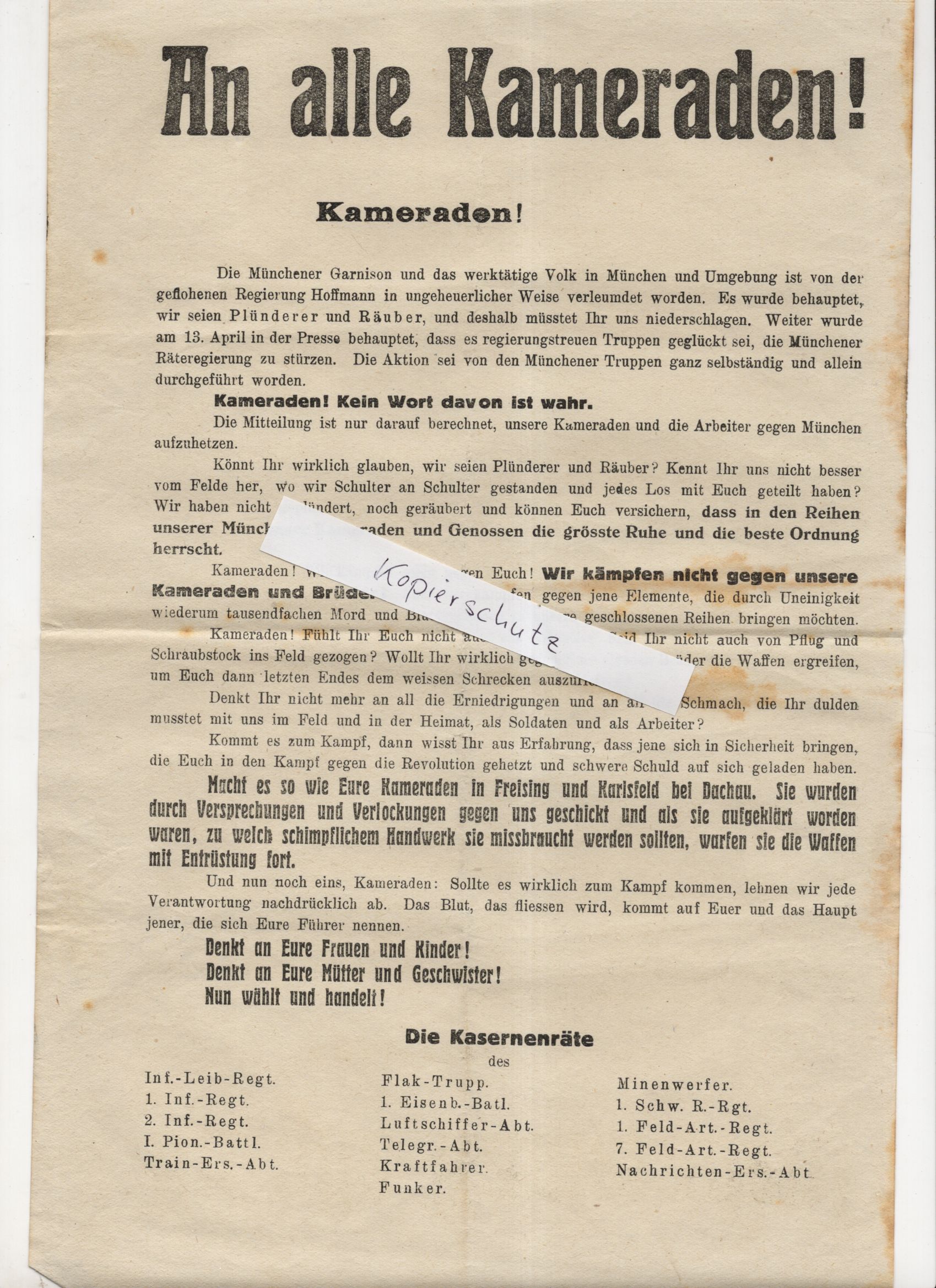 Flugblatt Freikorps 1919 München Garnison Werktätige 