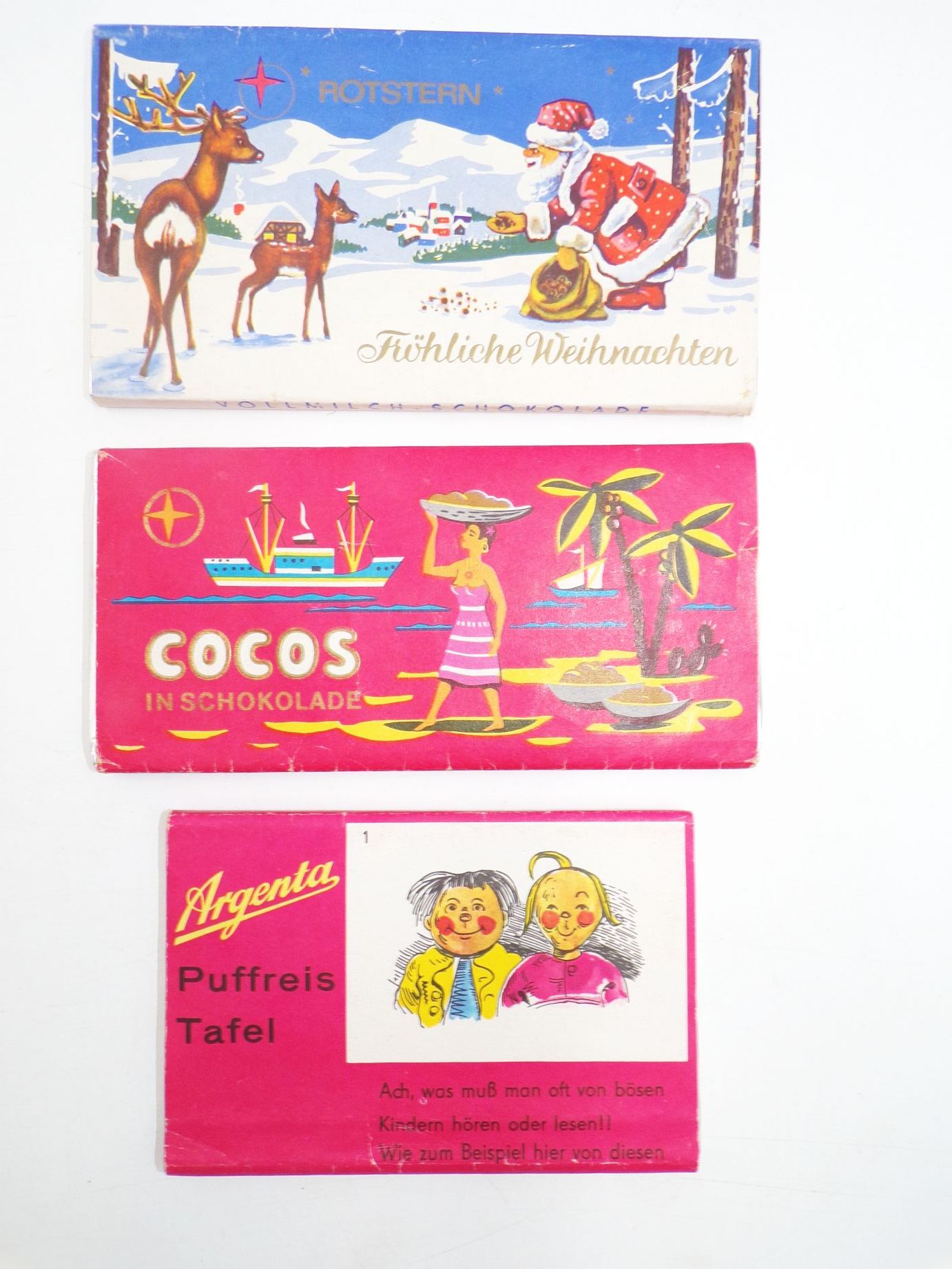 DDR Scholade 3 Tafeln Schaupackung Rotstern Cocos Argenta Puffreis Reklame