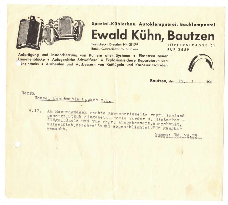 Rechnung Ewald Kühn Bautzen Kühlerbau Auto Klempnerei 1930 