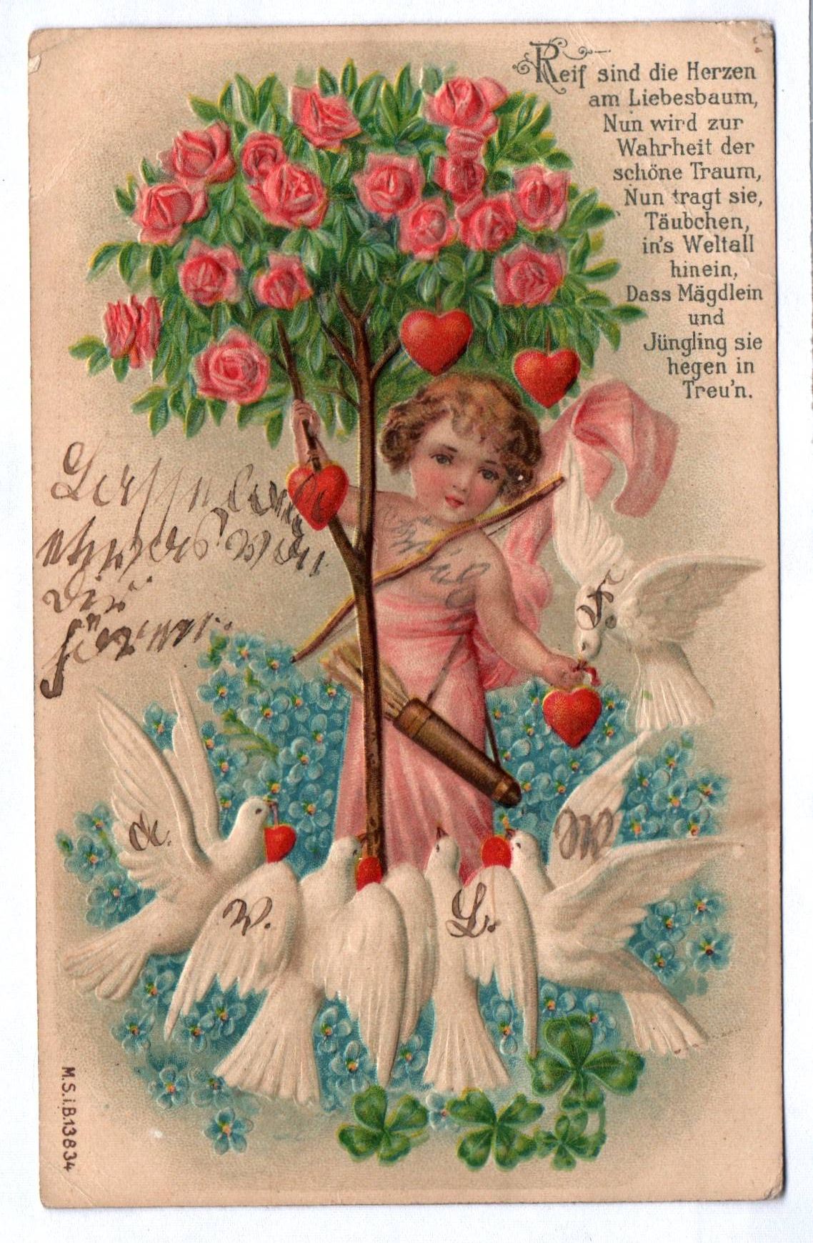 Künstler Ak Mädchen mit Rosen und Tauben 1913 Reif sind die Herzen Künstler Ak Mädchen mit Rosen und Tauben 1913 Reif sind die Herzen
