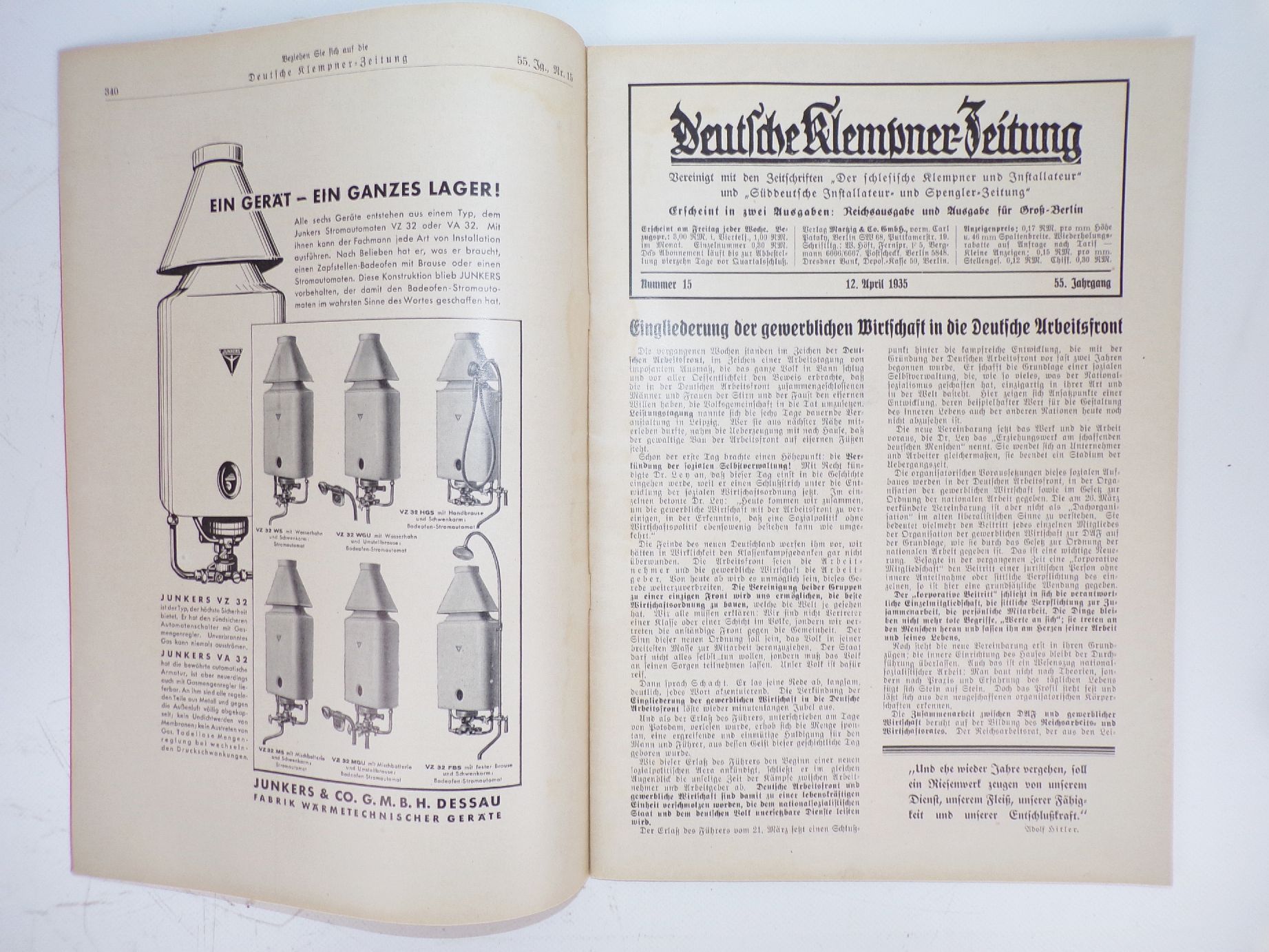 Deutsche Klempner Zeitung Installateur Anzeigen Reklame um 1938