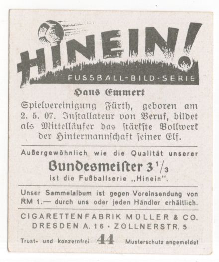 Sammelbild HINEIN Fußball Hans Emmert Spielvereinigung Fürth trading card Sammelbild HINEIN Fußball Hans Emmert Spielvereinigung Fürth trading card