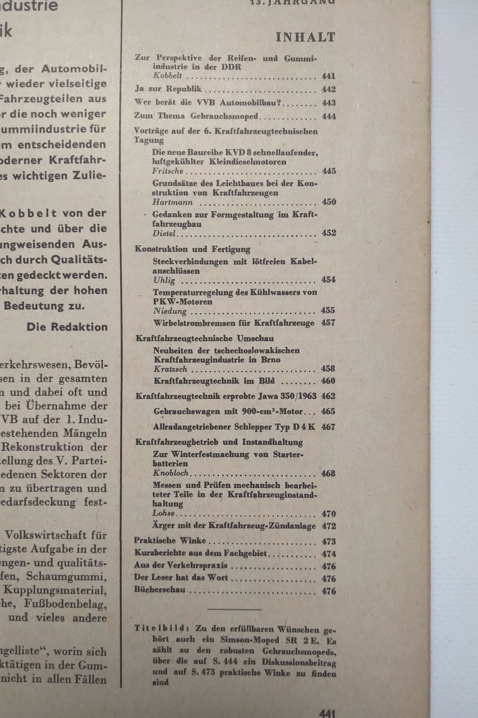 Kraftfahrzeugtechnik Zeitschrift DDR Nr 12 Diamant Mifa Simson 1963