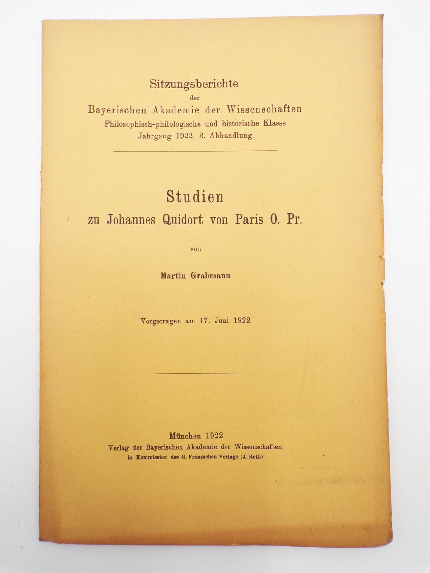 Studien zu Johannes Quidort von Paris O. Pr. Martin Grabmann 1922