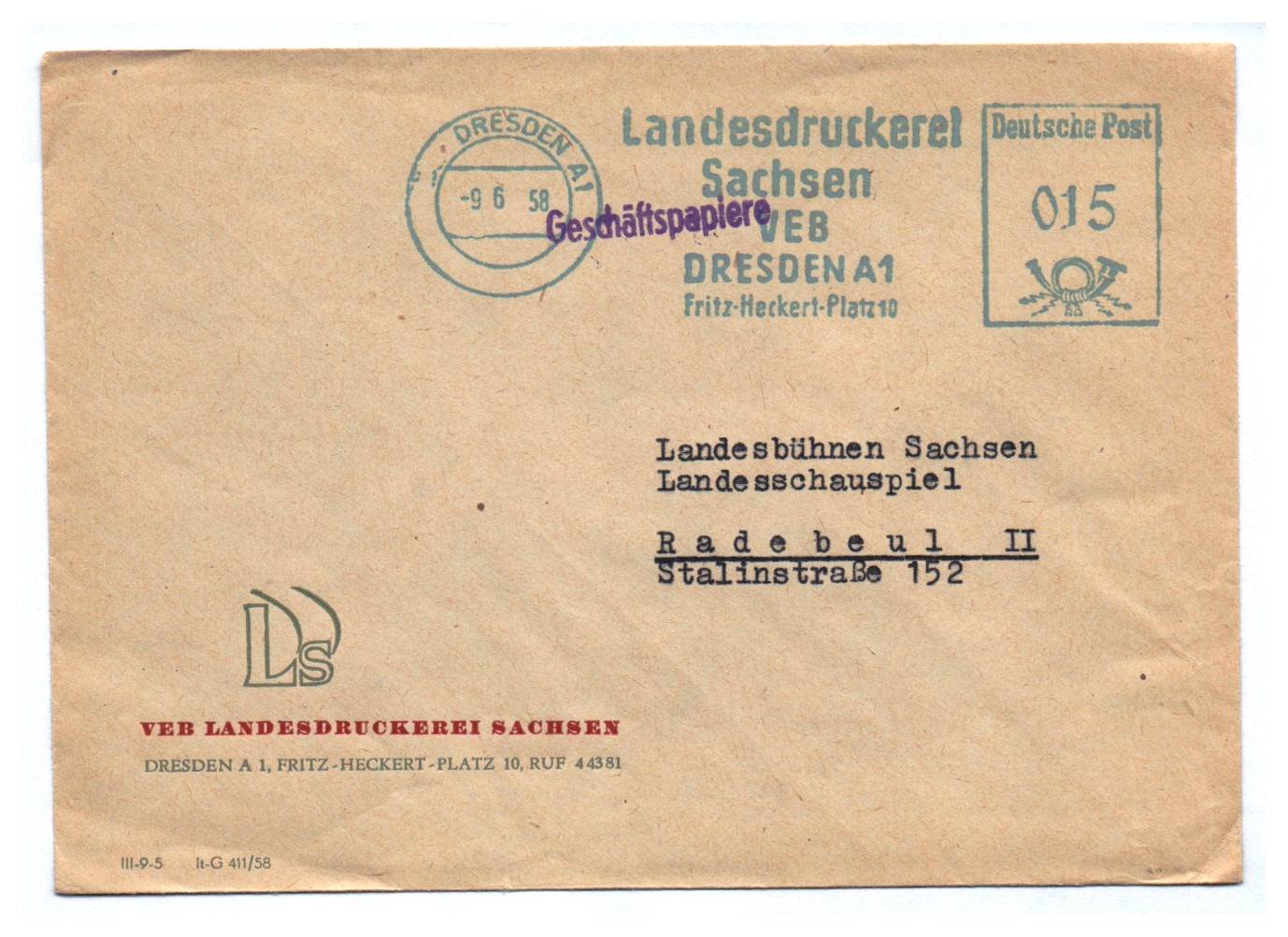 Geschäftspapiere VEB Landesdruckerei Sachsen 1958 DDR