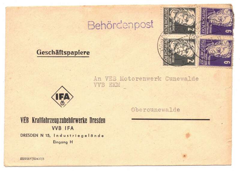 Brief 1953 VEB Kraftfahrzeug Zubehörwerke Dresden N 15 Ifa 