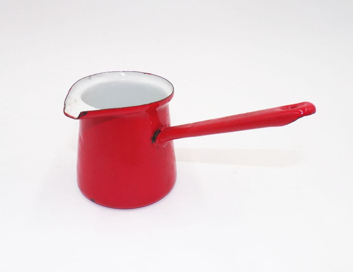 Alter Emaille Becher Schnabelbecher mit Griff Rot Weiß Gießer Vintage