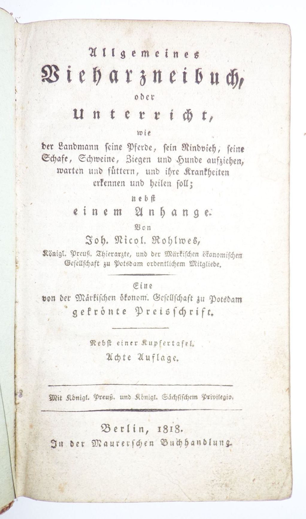 Allgemeines Vieharzneibuch Rohlwes 1818 Tier Medizin Antik Buch