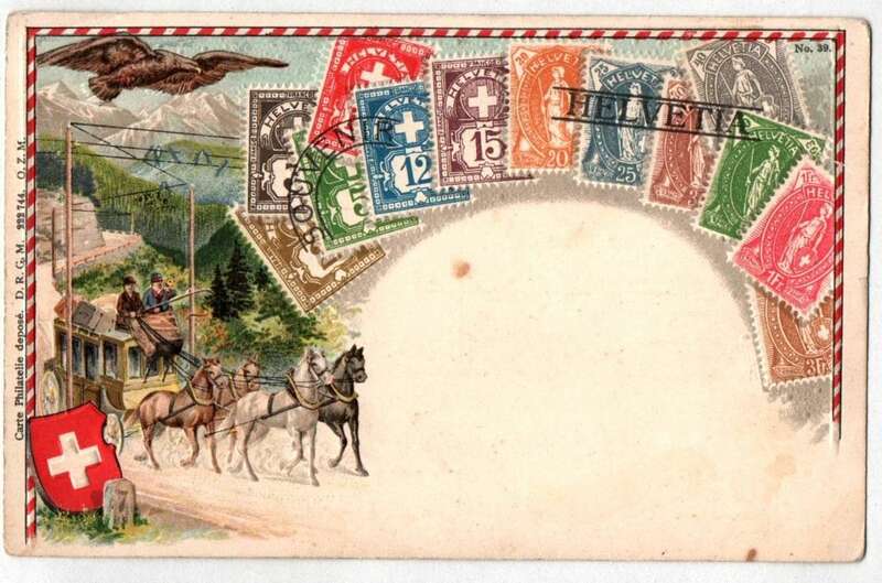 Präge Litho Ak Schweiz Briefmarken Kutscher um 1910 Philatelie