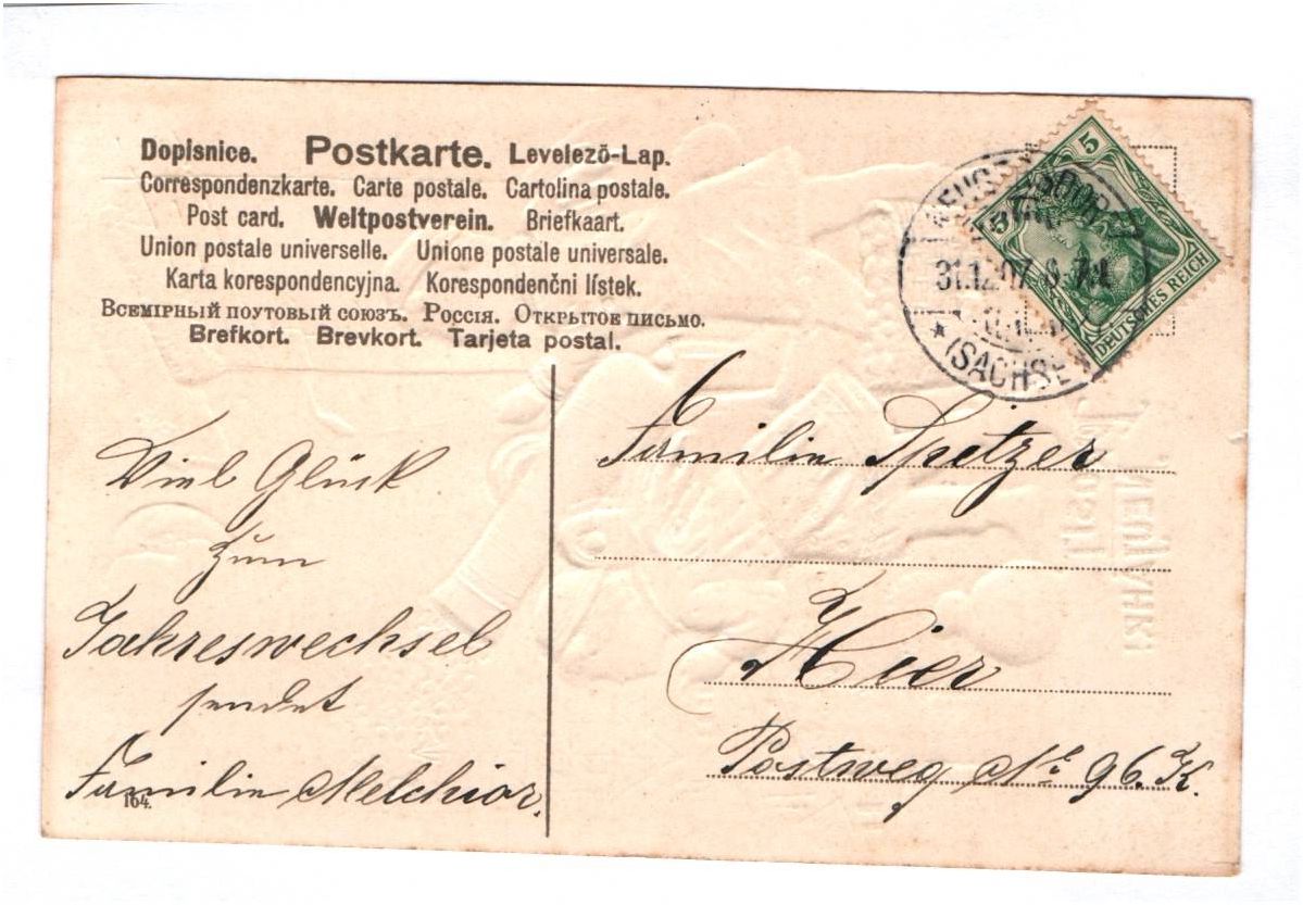 Präge Ak Engel mit Kanone Geldsack Neujahrgruß 1907