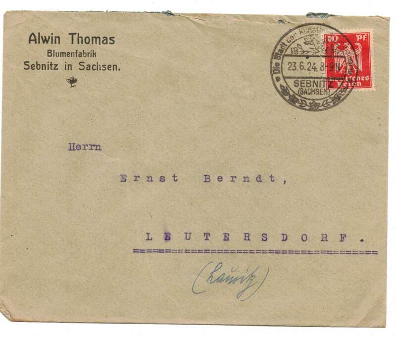 Brief Alwin Thomas Blumenfabrik Sebnitz Sachsen 1924 