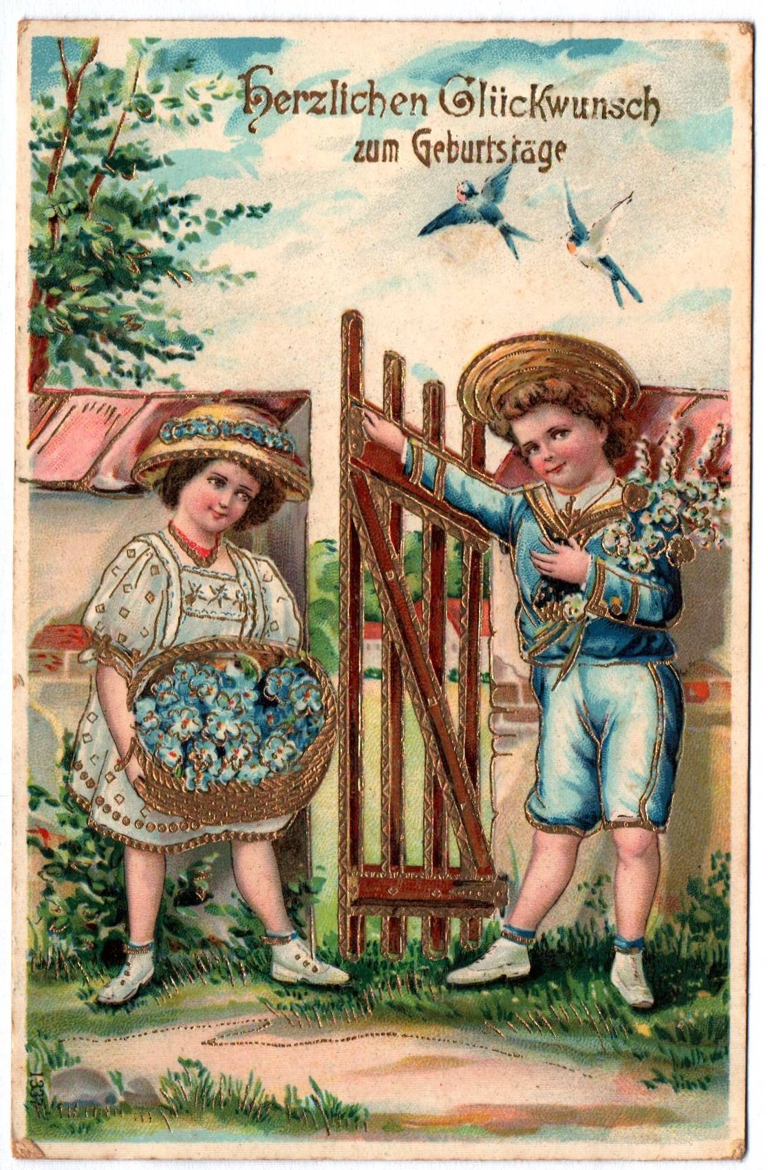 Künstler Ak Herzlichen Glückwunsch zum Geburtstage Kinder mit Blumen 1913 Künstler Ak Herzlichen Glückwunsch zum Geburtstage Kinder mit Blumen 1913