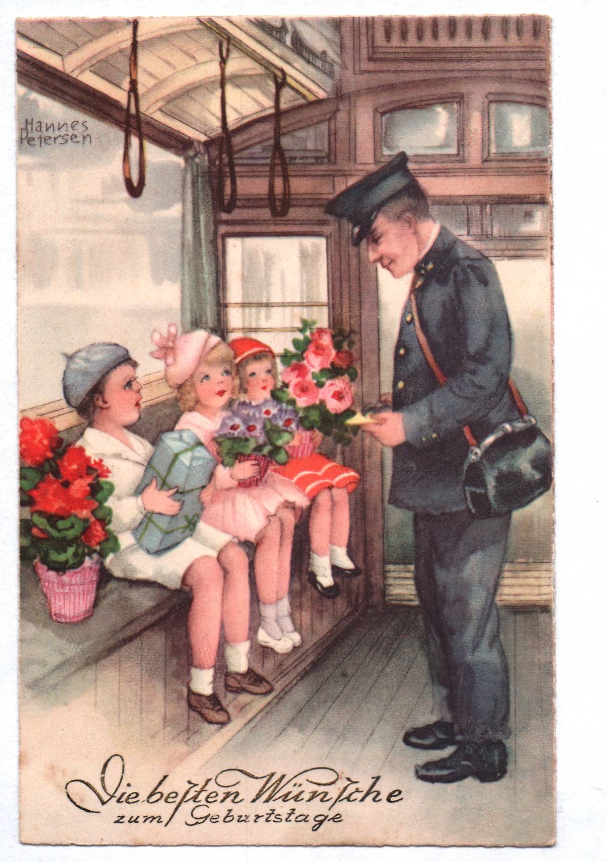 Künstler Ak Kinder mit Schaffner Hannes Petersen um 1930