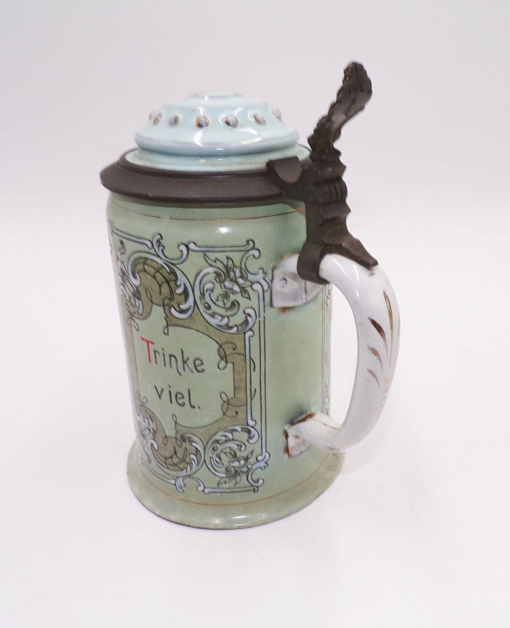 Alter Bierkrug Emaille Rede wenig Trinke viel um 1900 Deko Alter Bierkrug Emaille Rede wenig Trinke viel um 1900 Deko