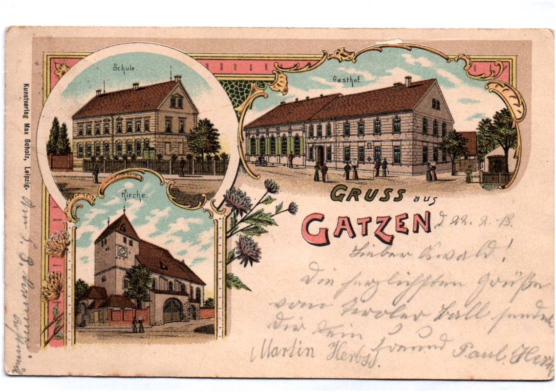 Litho Ak Gruss aus Gatzen Groitzsch Leipzig Kirche Schule Gasthof Litho Ak Gruss aus Gatzen Groitzsch Leipzig Kirche Schule Gasthof