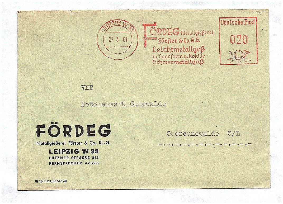 1961 Brief DDR Fördeg Metallgießerei Leipzig an VEB Motorenwerk Cunewalde