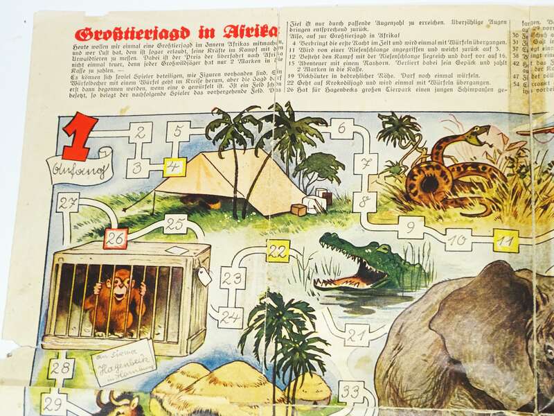 Großtierjagd in Afrika 1937 Beilage Auerbach Kinderkalender Spielbrett 