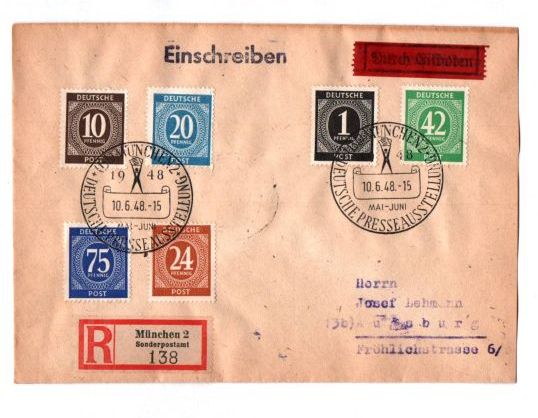 Einschreibe Brief 1948 Alliierte Besetzung R München Sonderpostamt 138 Eilbote 1948