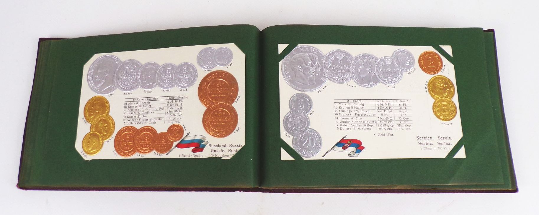 Geldsorten aller Länder Postkartenalbum Geld Münz Ansichtskarten um 1910 Rarität 45 Präge Ansichtskarten