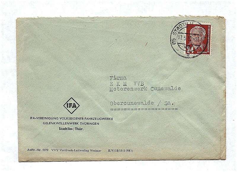 IFA Gelenkwellenwerk Thüringen Stadtilm Brief 1952 DDR