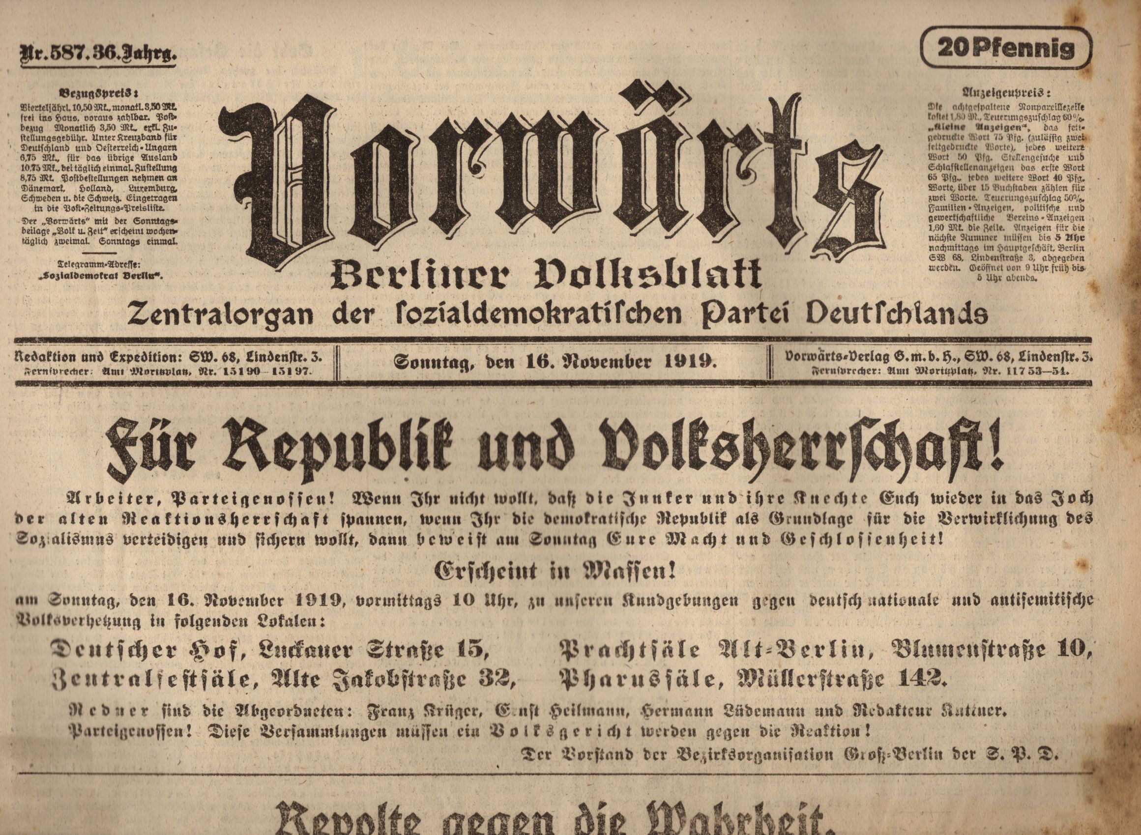 Vorwärts Berliner Volksblatt Zentralorgan der sozialdemokratischen Partei 1919