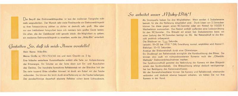Faltblatt Micky Blitz Blitzgerät Fotozubehör VEB Elgawa Plauen 1956
