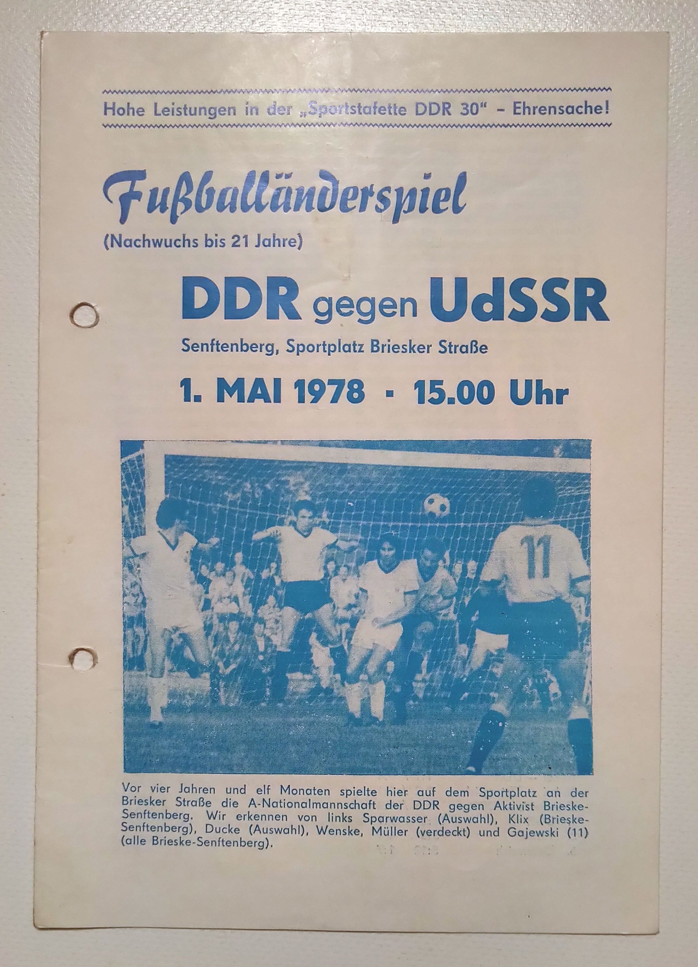 Programmheft Fußballänderspiel DDR gegen DuSSR 1978