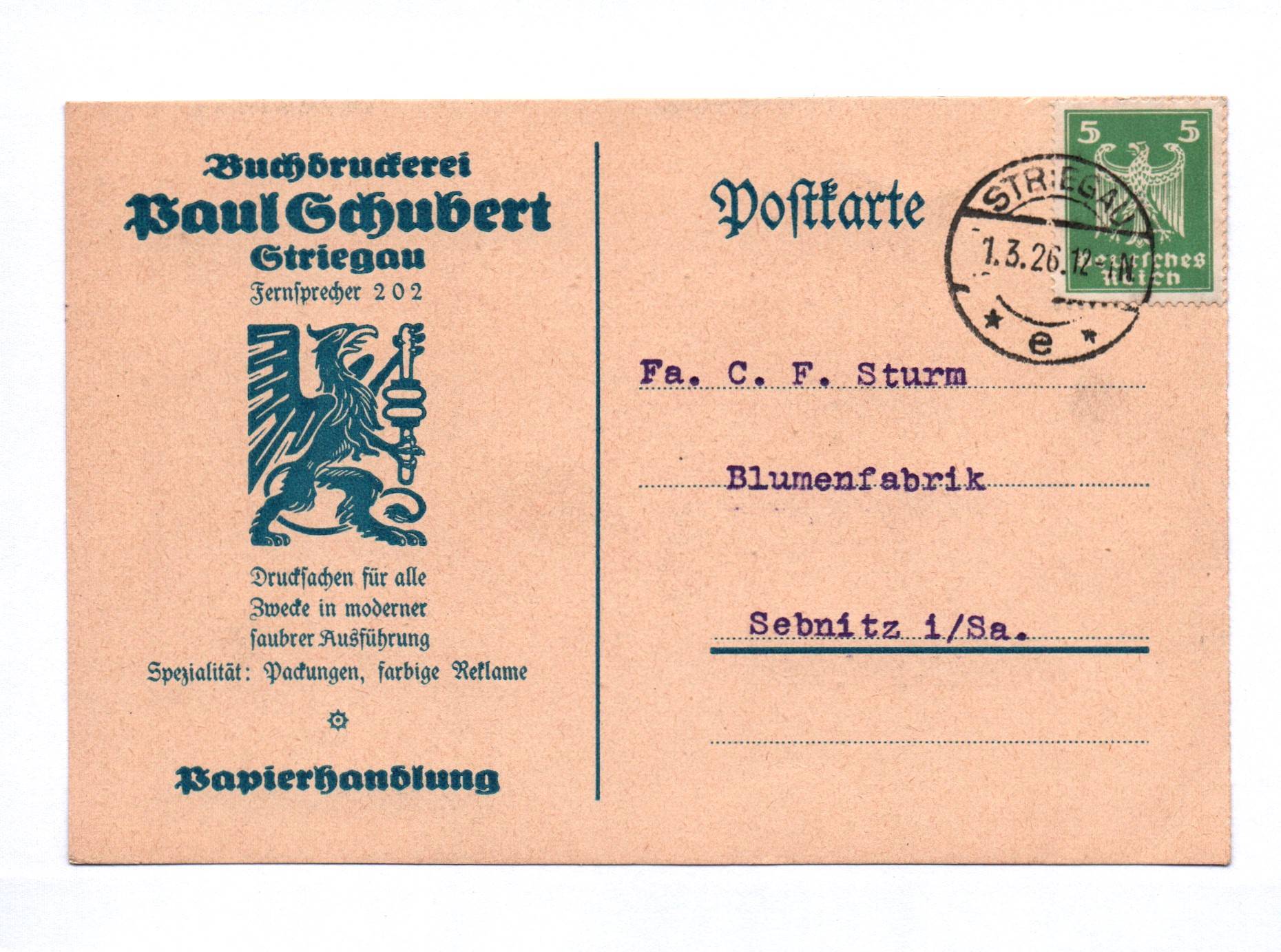 Postkarte Buchdruckerei Paul Schubert Striegau Schlesien Papierhandlung 1926 Postkarte Buchdruckerei Paul Schubert Striegau Schlesien Papierhandlung 1926