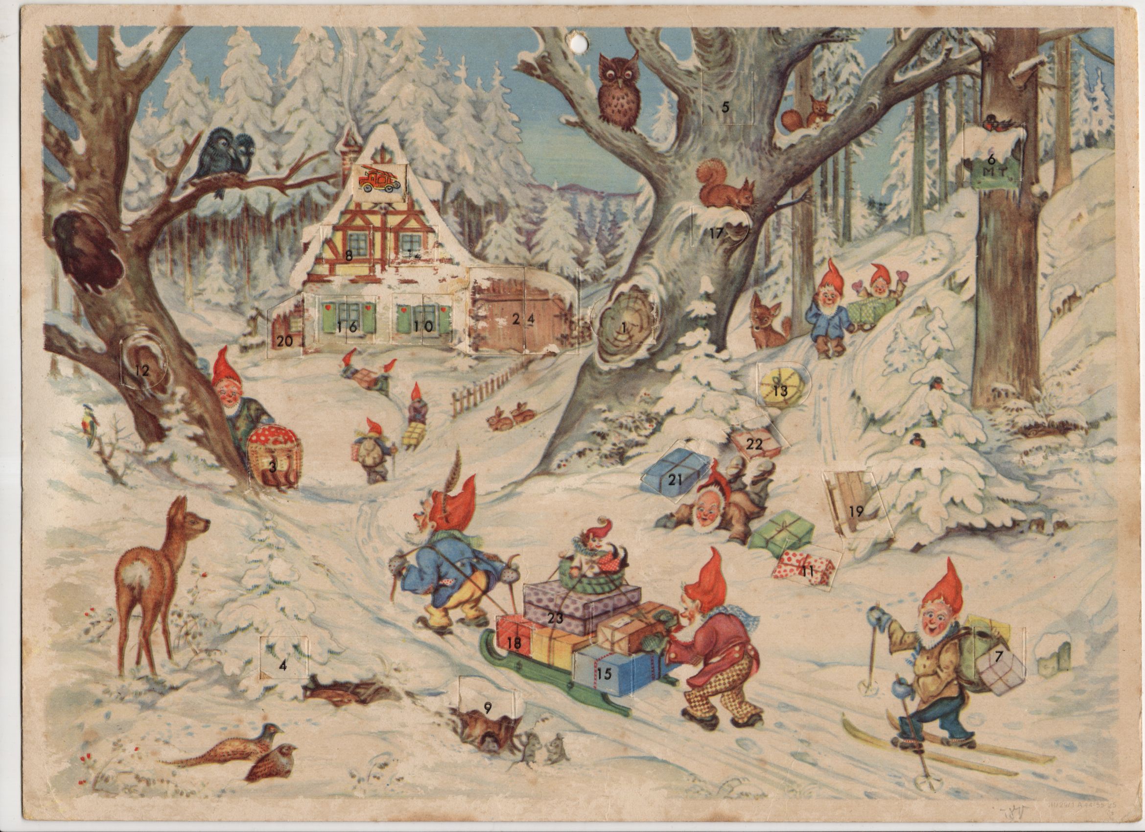 Alter Adventskalender Zwerge Wichtel im Wald 1955