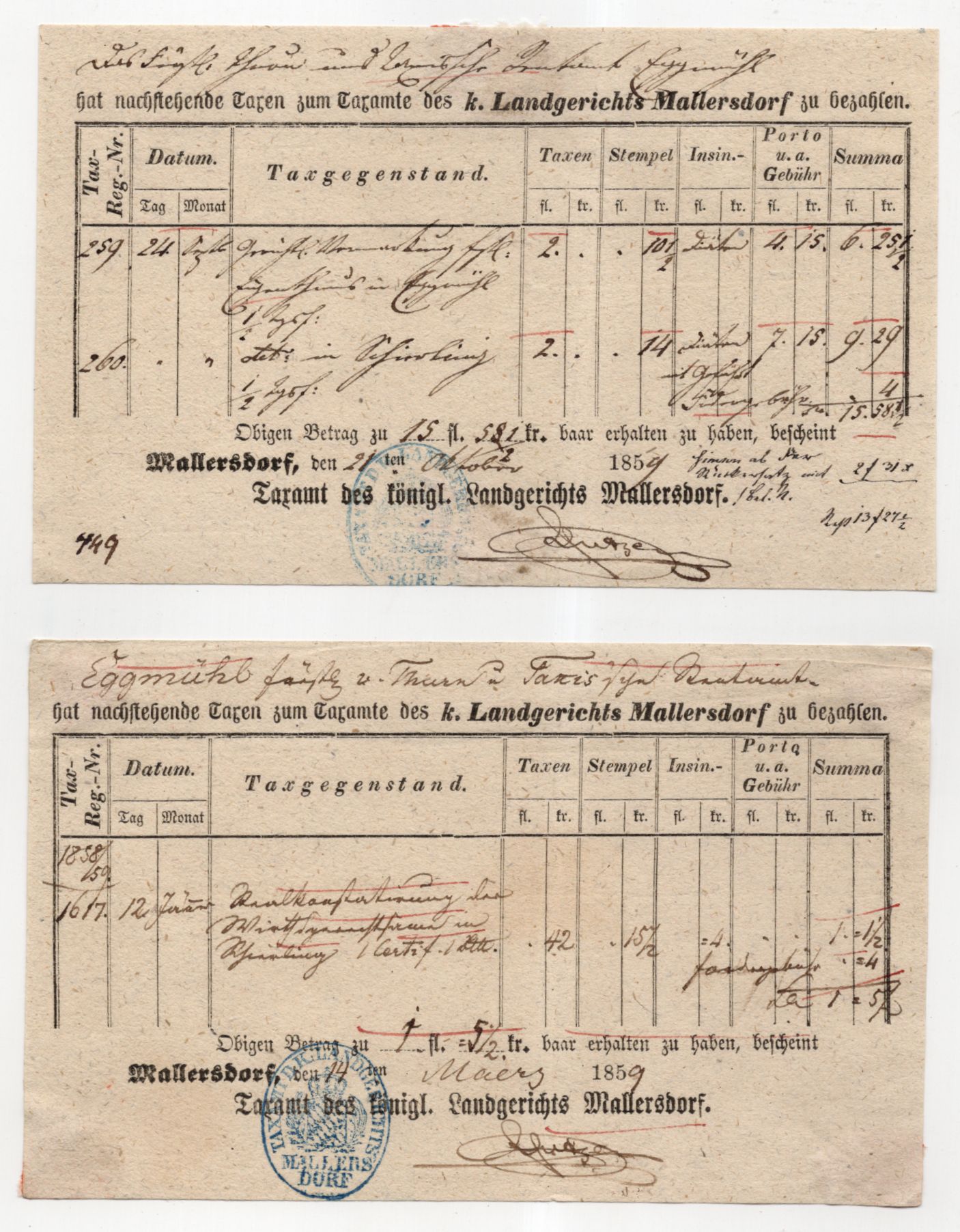 Quittungen Landgericht Mallersdorf 1859 Taxe 