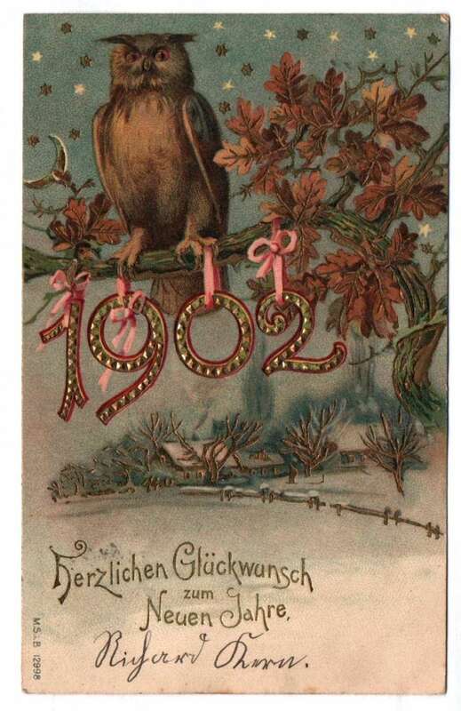Neujahr Ak Uhu sitzt auf Baum 1902 