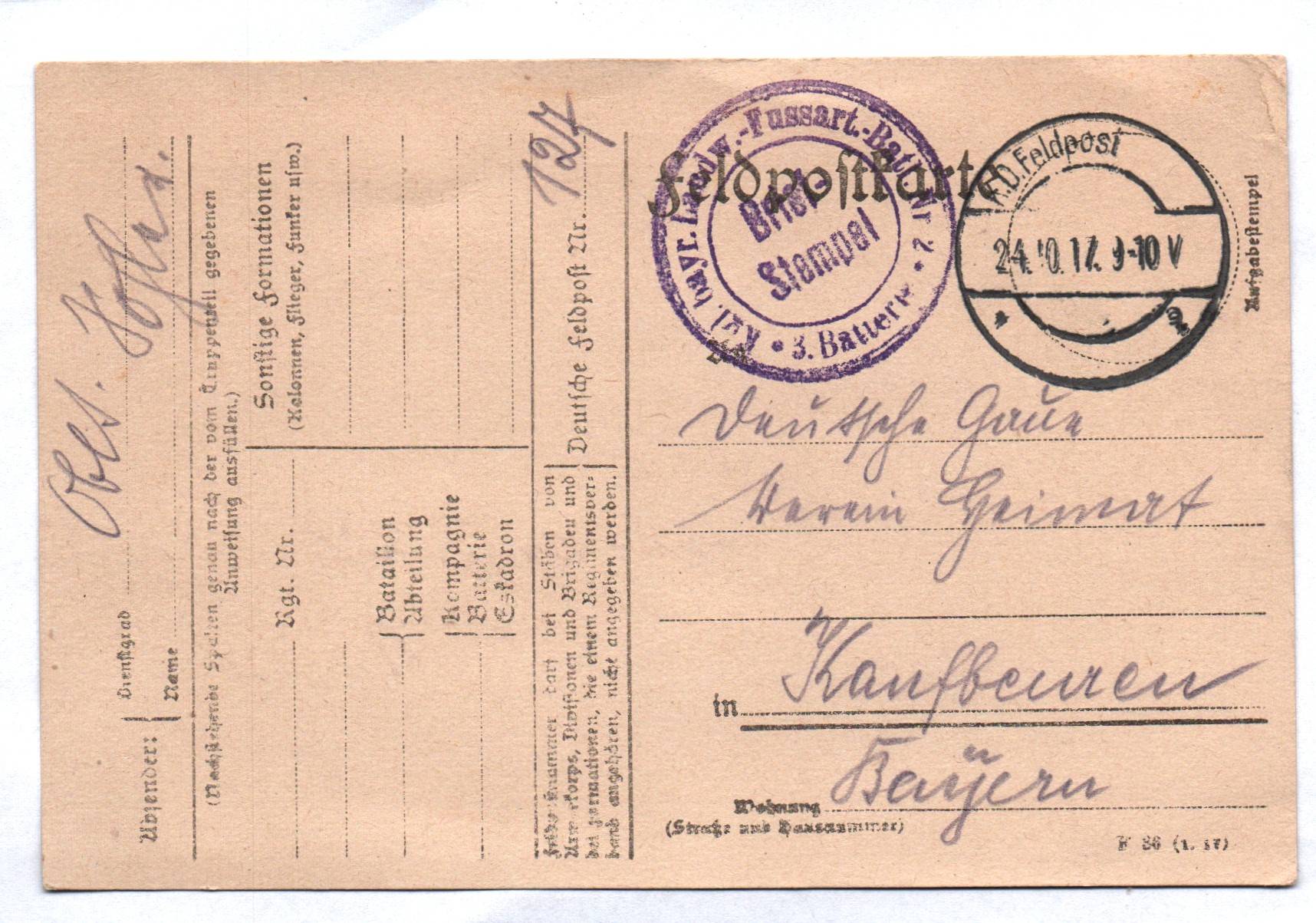 Feldpostkarte bayerisches Landwehr Fussartillerie Regiment Nr 2 