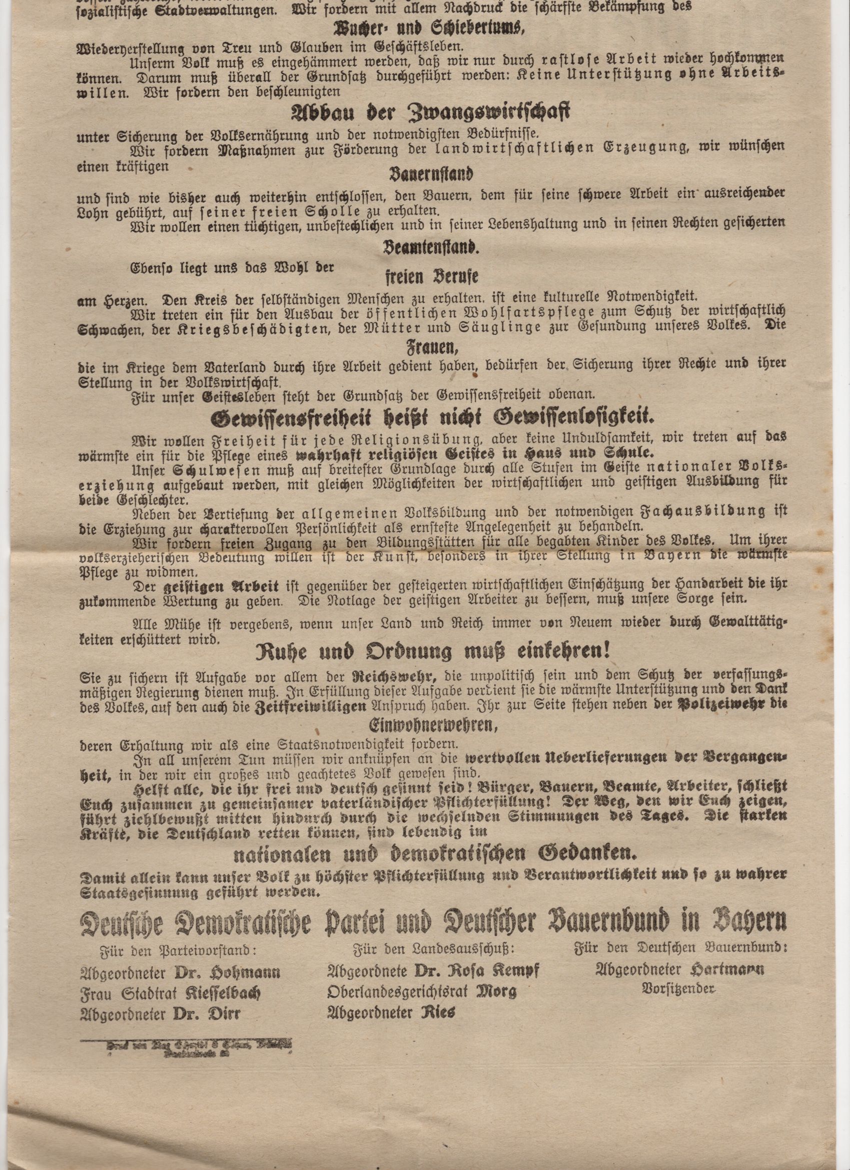 Flugblatt Politik Bayern 1919 Deutsche Demokratische Partei Bauernbund