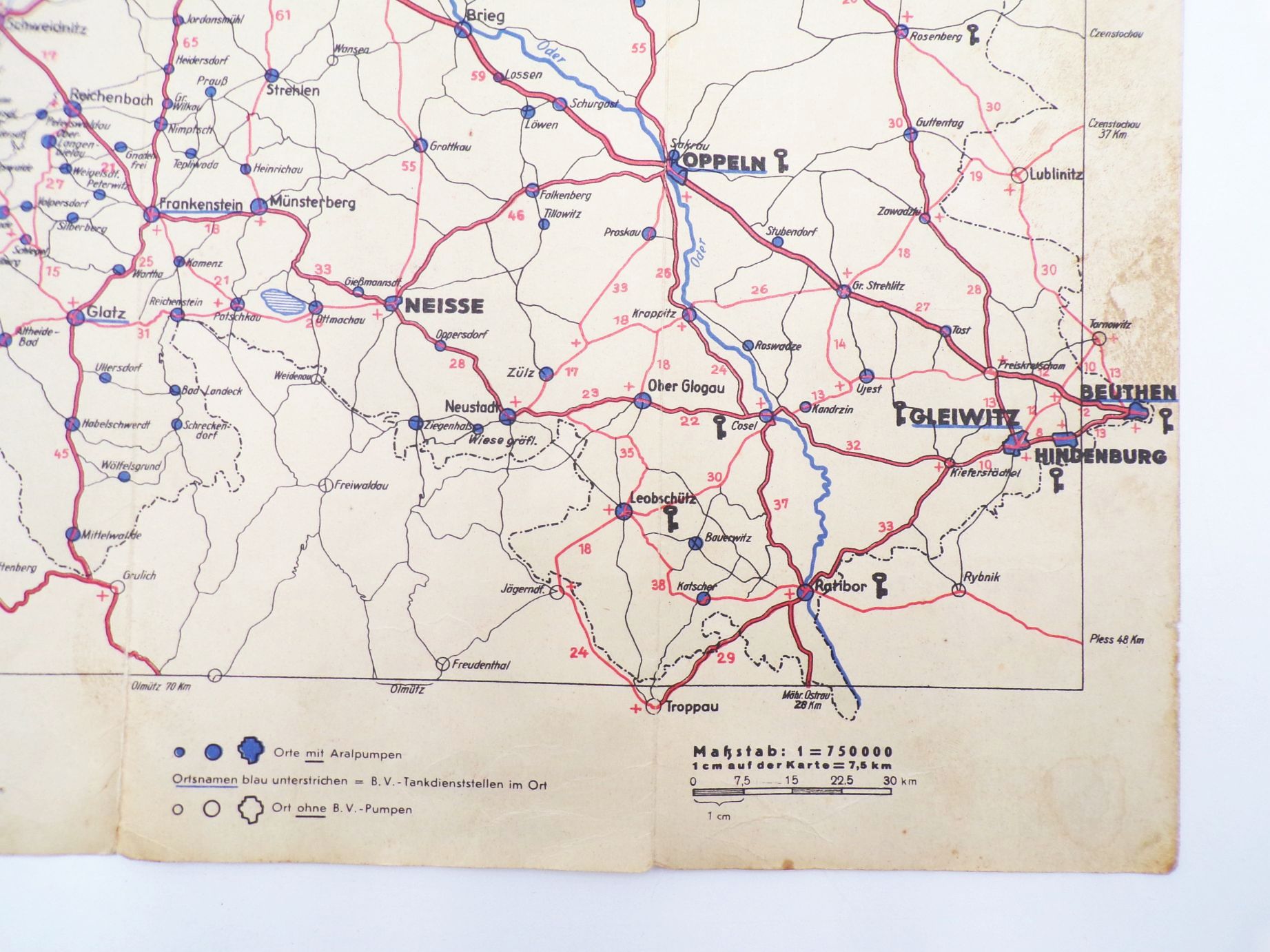 BV Aral Landkarte Schlesien Glatz Beuthen Breslau Glogau Görlitz 1930 er