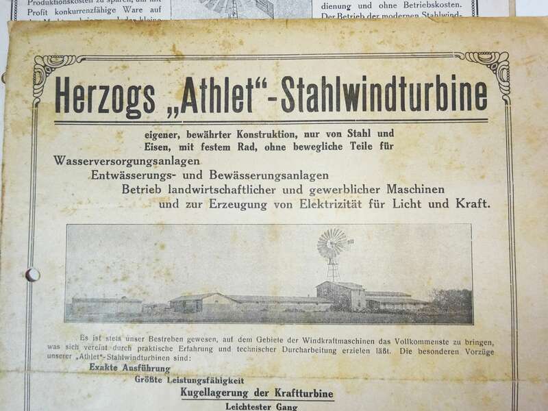 Dokumente Herzog Stahlwindturbine Athelt Windkraftrad 1921 Energie Dresden Windmotor