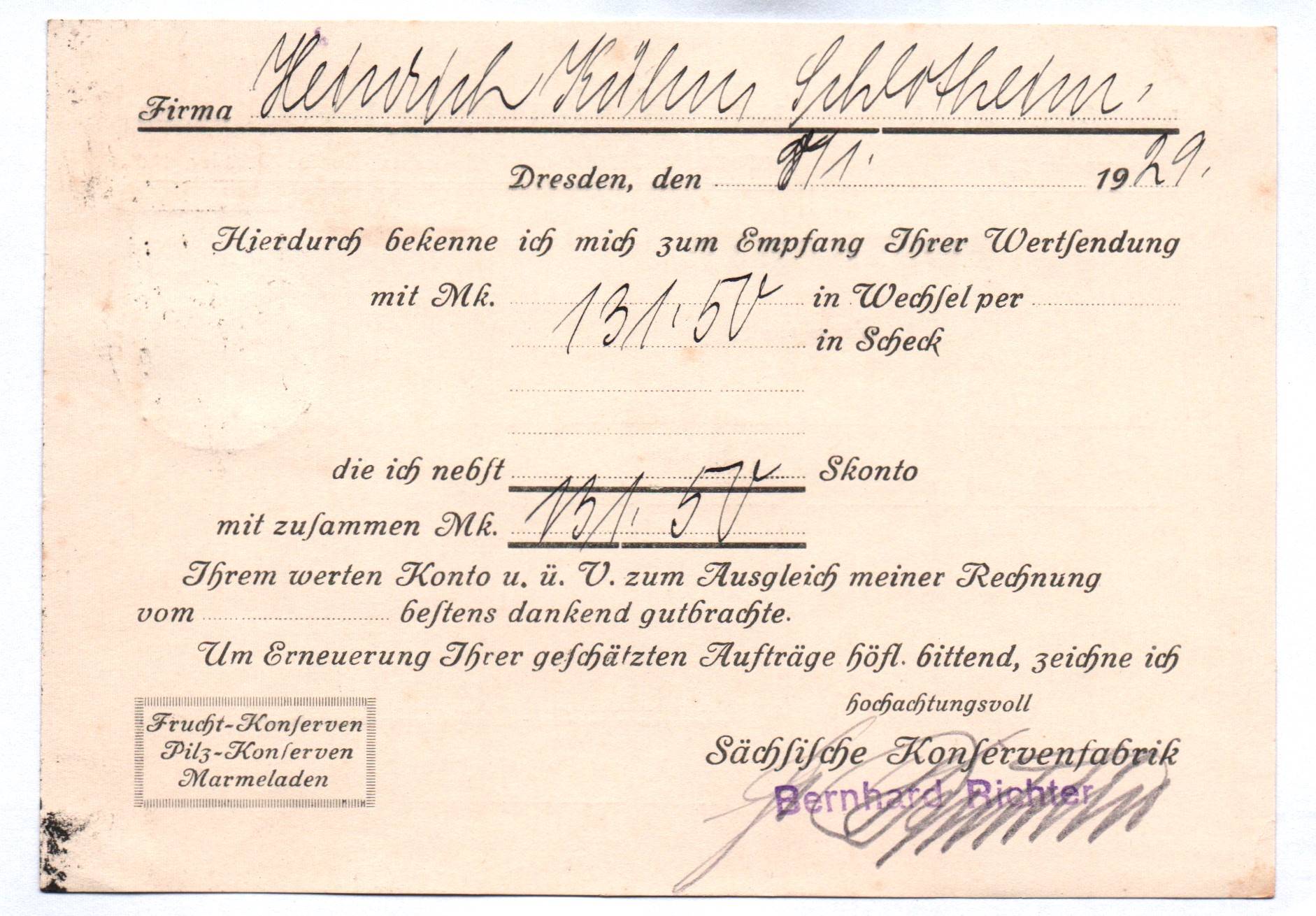 Postkarte Sächsische Konservenfabrik Bernhard Richter Dresden 1929 Postkarte Sächsische Konservenfabrik Bernhard Richter Dresden 1929