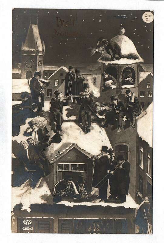 Künstlerkarte Ak Winter 13.12.1914 Winter Musikanten auf den Dächern Prosit Neujahr