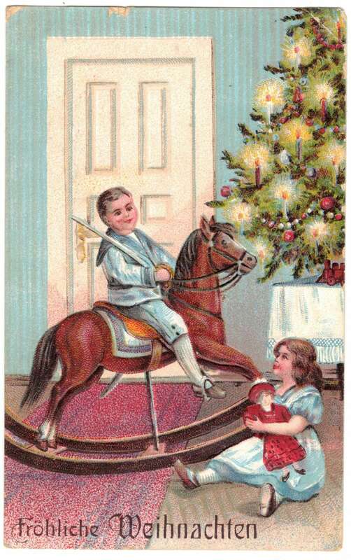 Ak fröhliche Weihnachten Kinder mit Schaukelpferd Christbaum Puppe 1908