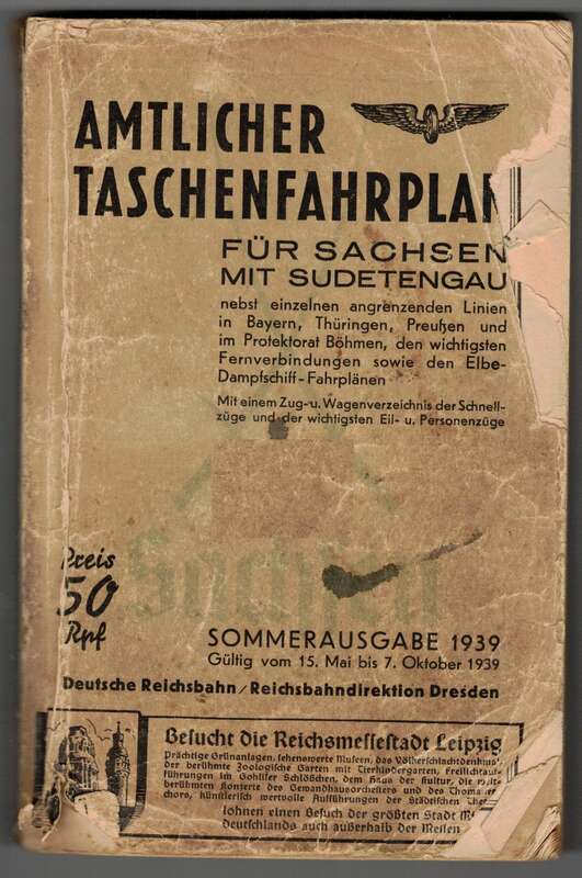 Amtlicher Taschenfahrplan für Sachsen mit Sudetengau Sommer 1939  