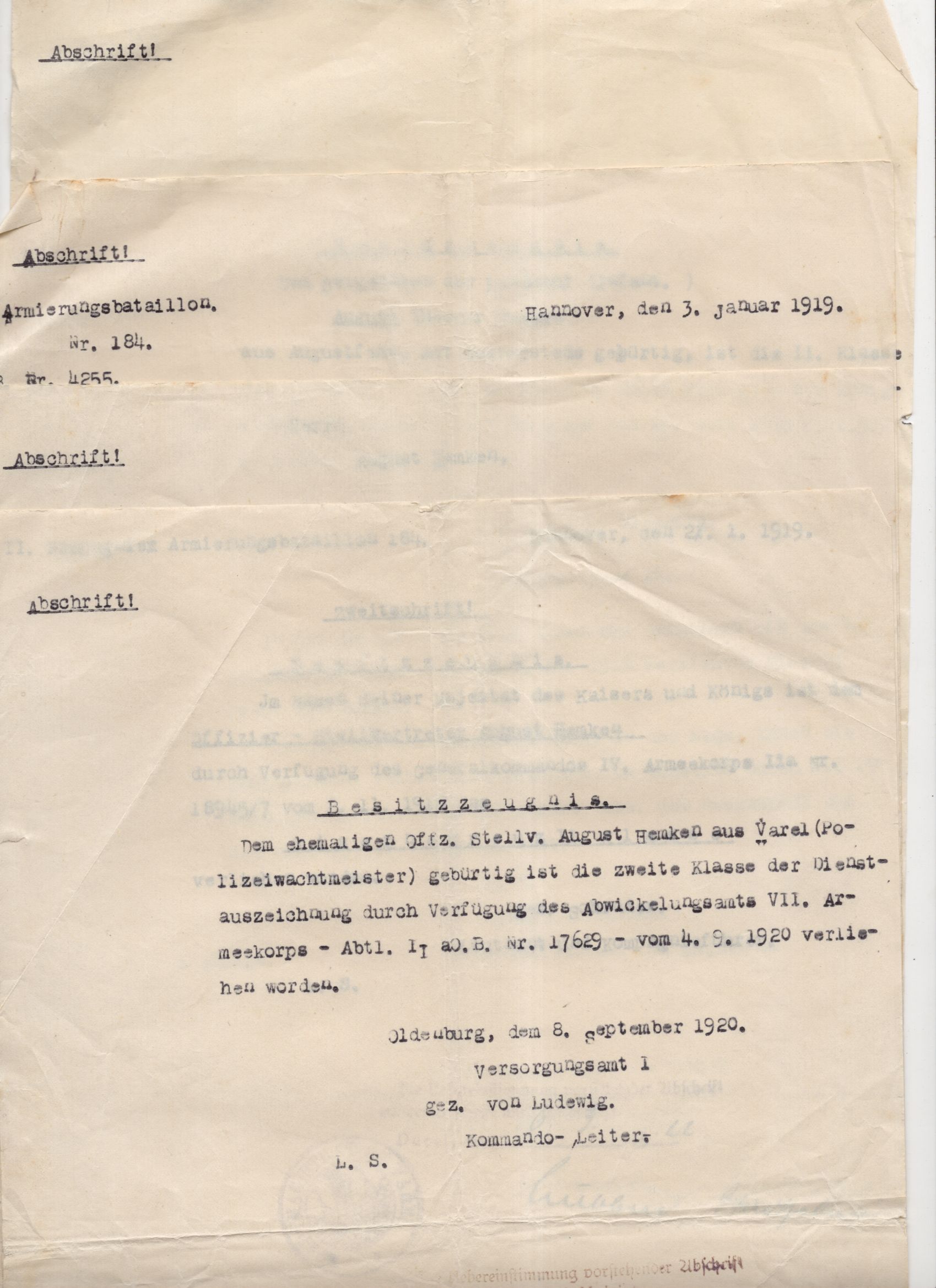 Abschriften Urkunde 1 Wk Armierungsbataillon 184 Hannover 1919 Varel
