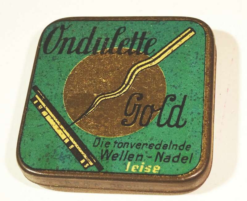 Nadeldose mit Grammophonnadeln Ondulette Gold leise Blechdose