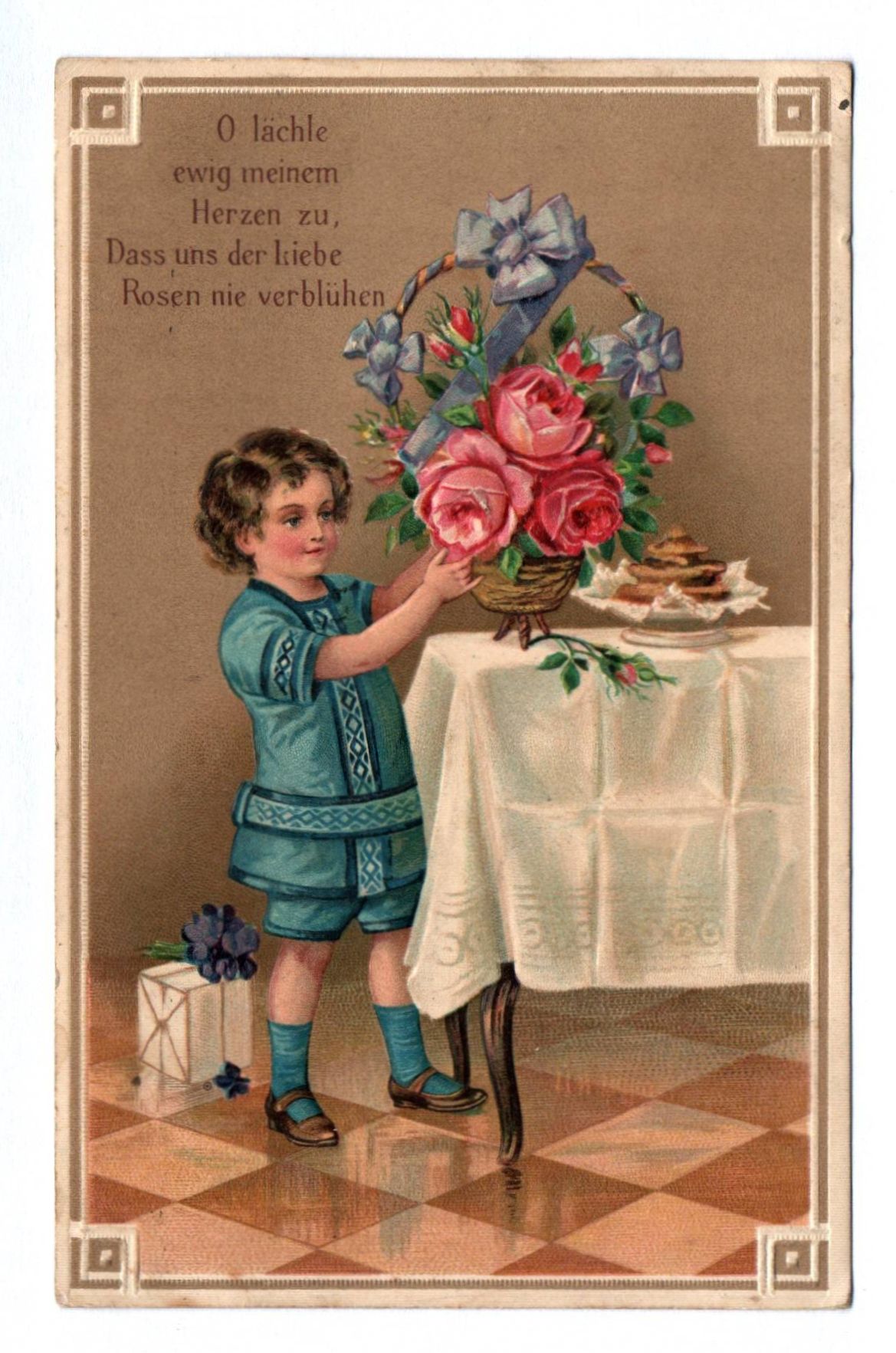 Künstler Ak geprägt Kind mit Blumen 1919 O lächle ewig Künstler Ak geprägt Kind mit Blumen 1919 O lächle ewig