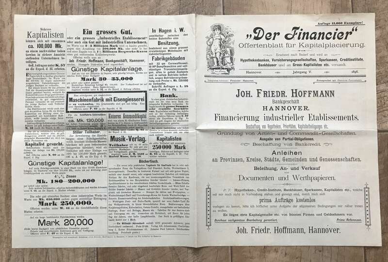 Offertenblatt für Kapitalplacierung 1896 Joh Friedrich Hoffmann Hannover
