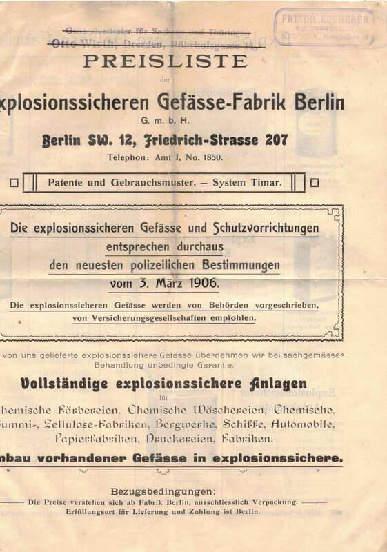 Prospekt Explosion sichere Gefässe Fabrik Berlin 1910er Benzin Kanister Fass kfz Oldtimer 