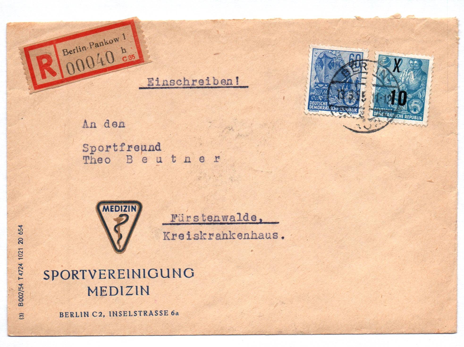R Brief Berlin Pankow Sportvereinigung Medizin Berlin 1955 DDR R Brief Berlin Pankow Sportvereinigung Medizin Berlin 1955 DDR