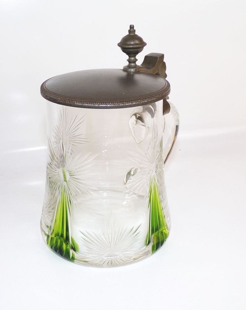 Jugendstil Bierkrug Glas Humpen Zinndeckel Grün Geschliffenes Dekor