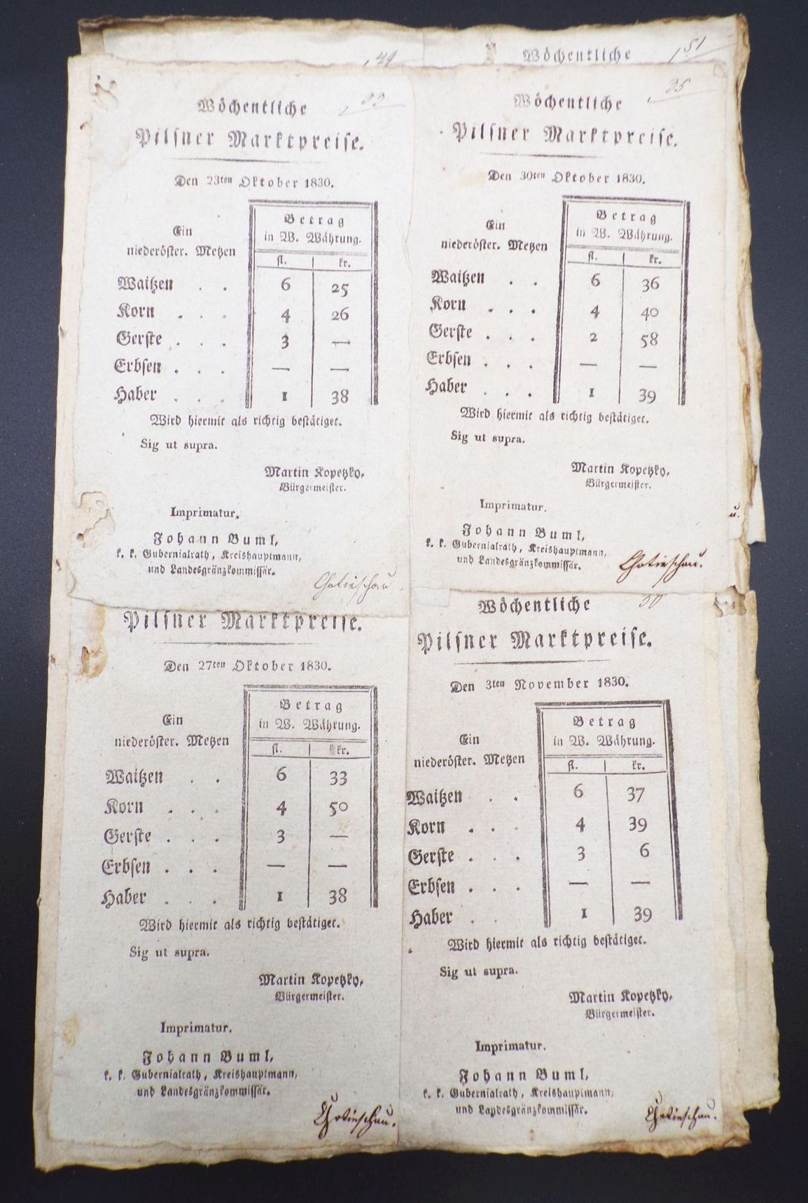 Quittungen Lot 1830 Marktpreise Pilsen Böhmen 